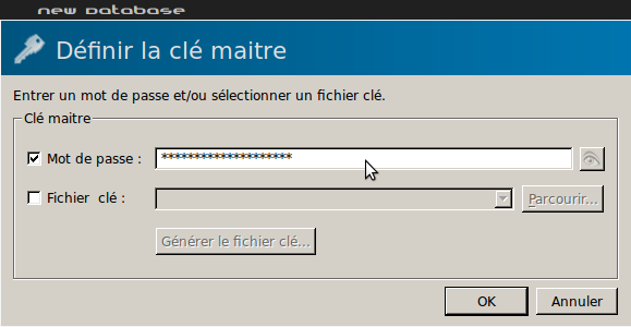 Capture d'écran montrant la création d'une nouvelle base de données chiffrée par Keepassx